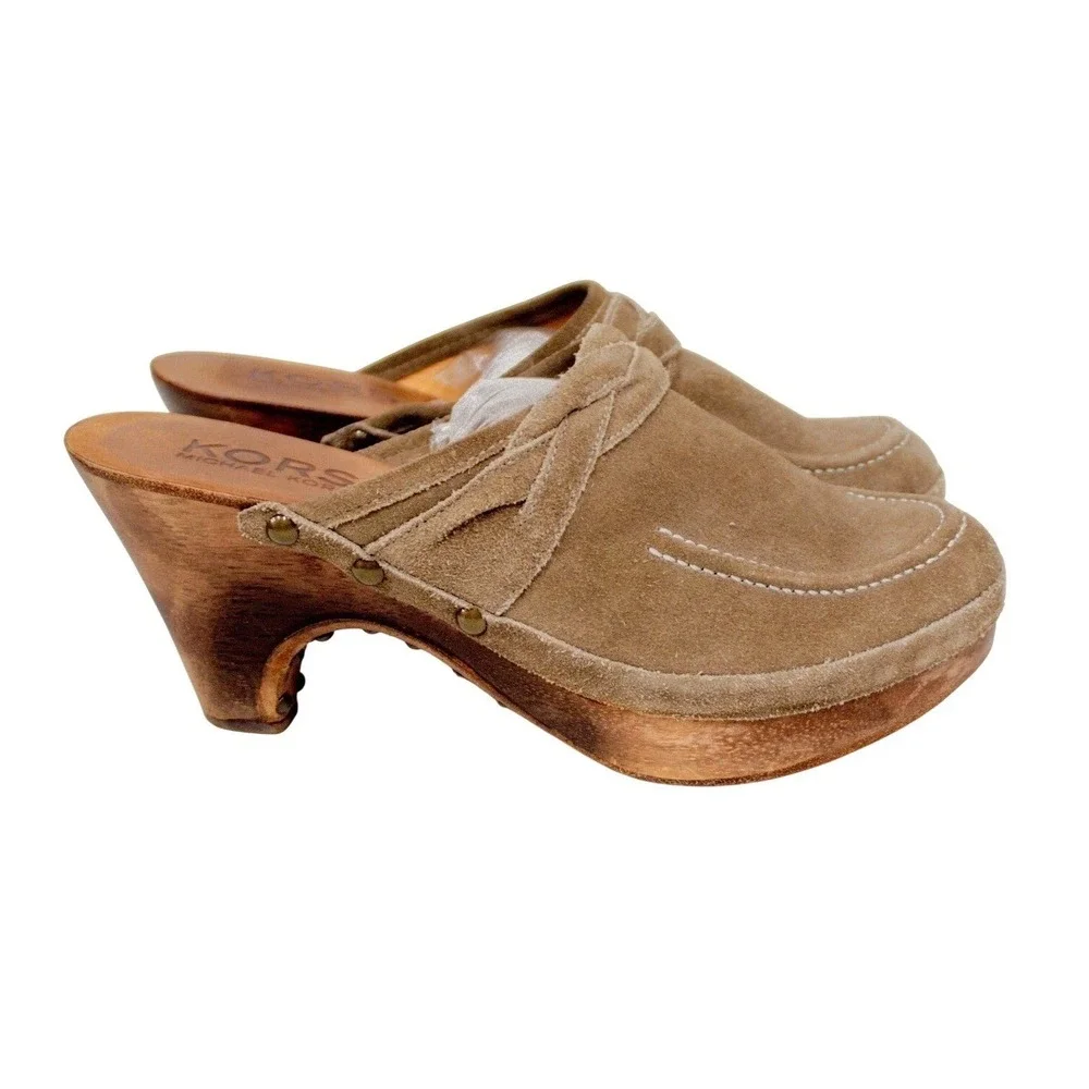 KORS Michael Kors Brown‎ Suede Mules/ Clogs Studs Wooden Heels Women's Size 7 M